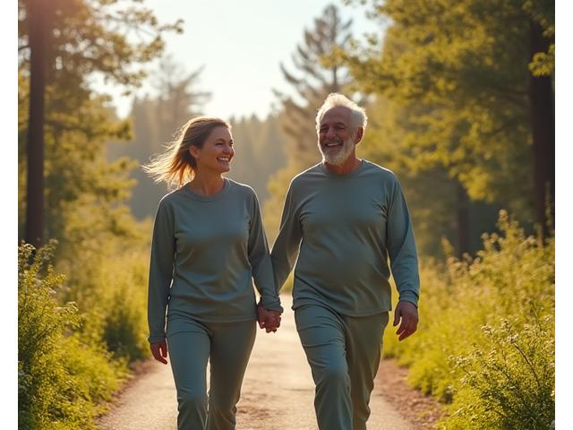 Ένα ζευγάρι ρεαλιστικών 55+ ατόμων, χαμογελαστοί και γεμάτοι ενέργεια, κάνουν εύκολη πεζοπορία σε ένα πράσινο μονοπάτι, δείχνοντας ότι η ενεργός ζωή είναι δυνατή σε κάθε ηλικία.
